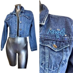 Vintage Y2K Angel Embroidered Blue Denim Jacket Bratz Womens Tween 2000s